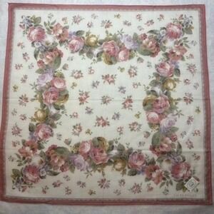 Vtg LAURA ASHLEY Scarf Handkerchief Floral Rose Cotton Cream Pink 19.5"